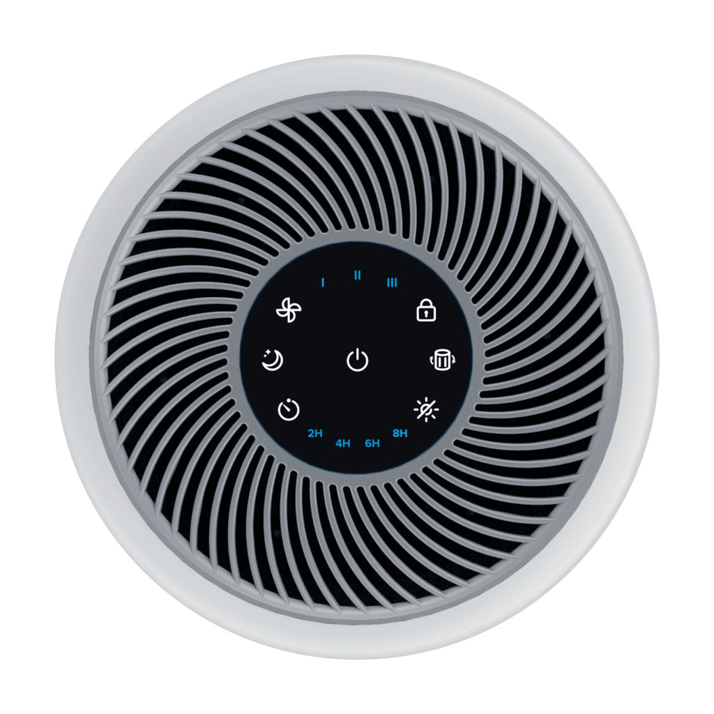 Levoit Core® 300-P Air Purifier control panel with touch buttons for fan speed, timer settings, and power options.