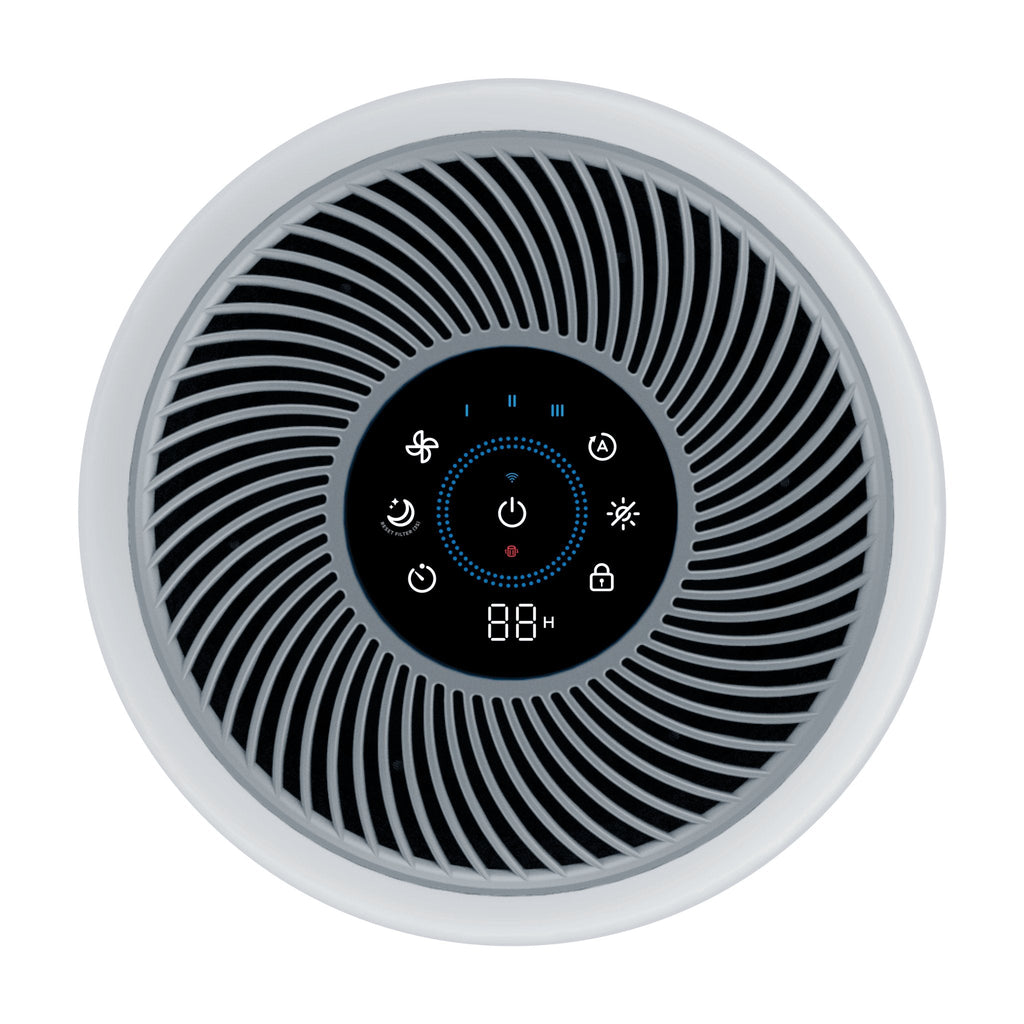 Levoit Core® 300S-P Smart Air Purifier control panel with digital display, showing various settings and controls.