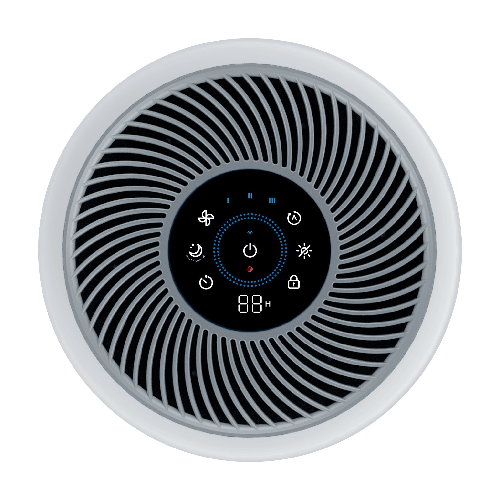 Levoit Core® 300S-P Smart Air Purifier control panel with digital display, showing various settings and controls.