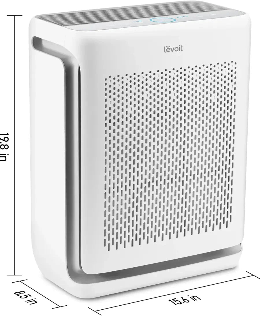 Dimensions diagram for Levoit Vital 200S-P Smart Air Purifier showing height 19.8, width 15.6, and depth 8.5 inches.